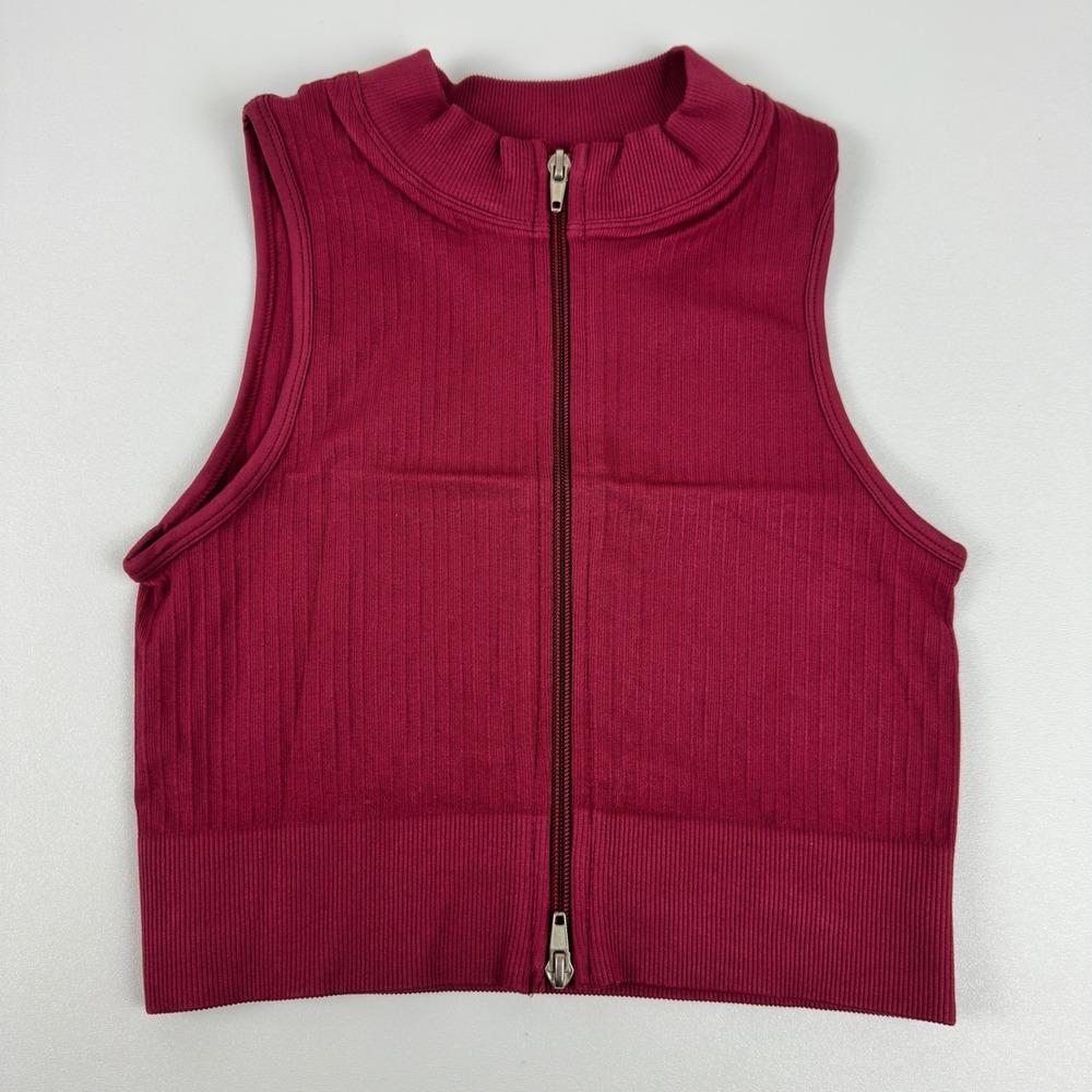 Vitality Ribbed Full Zip Crop Top Burgundy Red Sleeveless Mock Neck Medium